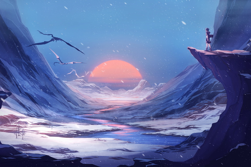 anime boys, river, snow, fantasy art, artwork, dragon, mountains, landscape, 4K, winter, sunset