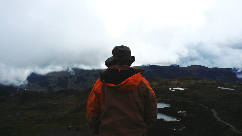 mountain, landscape, sky, clothing, scenics, leisure activity, looking, warm clothing, environment, non-urban scene, man, outdoors, adventure, coat, real people