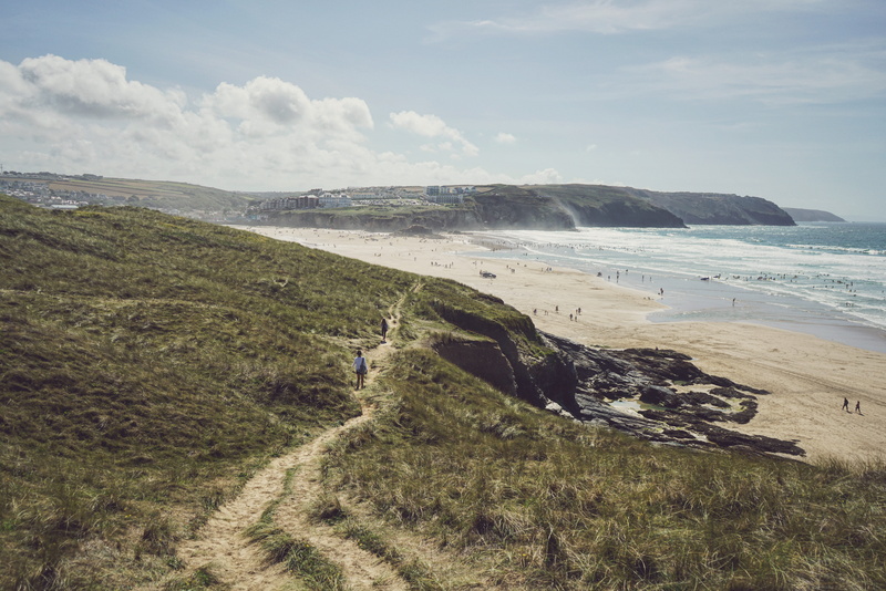 waves, wanderers, environment, england, devon, tranquility, path, tranquil scene, grass, cloud - sky, perranporth, non-urban scene, sea, wander, water