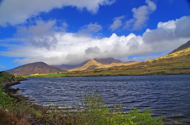 galway, tranquility, shadow, blue, day, ireland, clouds, environment, volcanic crater, land, light, cloud - sky, outdoors, volcano, plant, landscape, mountain peak