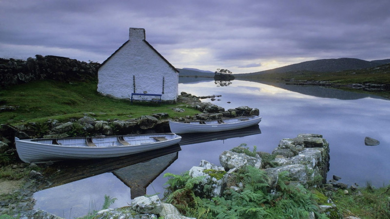 clouds, water, white, nature and landscapes, county, daytime, boats, 1080P, connemara, body, lake, canoes, near, house, irel, two