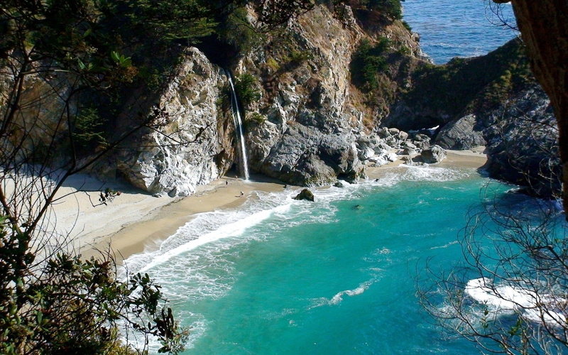 summer, idyllic, non-urban scene, beach, pacific Ocean, bay, cliff, blue, california, turquoise colored, waters Edge, 1080P, day, tree, tranquil scene