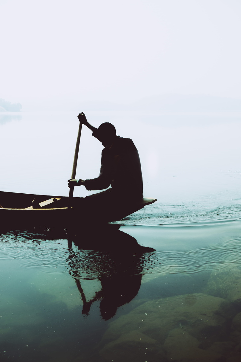 person, water, waterfront, fisherman, riding, one person, 4K, boat, reflection, beauty in nature, jon, sky, outdoors, mode of transportation, silhouette