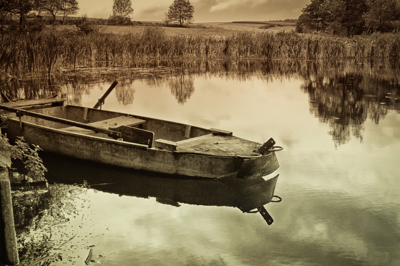 tranquil scene, transportation, rowboat, dock, silent, moored, beauty in nature, scenics - nature, gray, plant, nature, water, near, day, jon, boot, nautical vessel