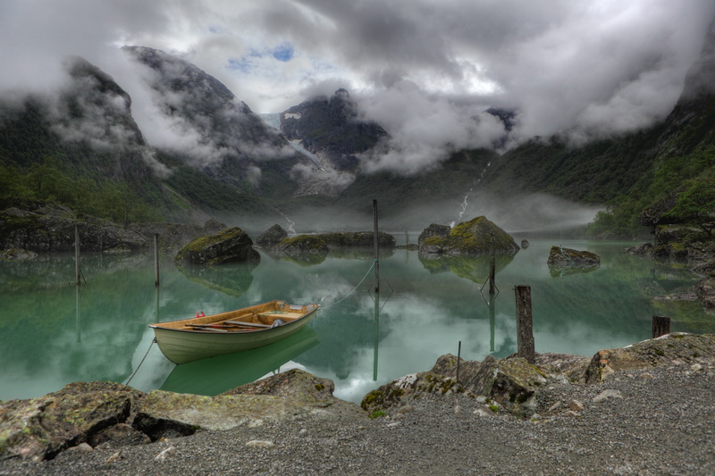 overcast, Bondhus, 5K, jon, tranquil scene, nature, mountains, beauty in nature, tranquility, Norway, water, day, sky, cloud - sky, idyllic, boat, scenics - nature