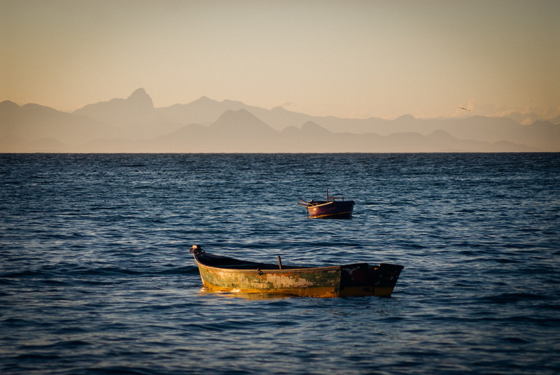 sunset, sea, 2K, nautical vessel, beauty in nature, tranquility, scenics - nature, sky, motion, mountain range, ocean, photo, two, tranquil scene, jon boat