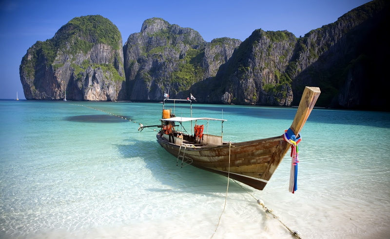 mountain range, Boat, longtail boat, scenics - nature, mountain, mode of transportation, Nature, wooden, rock, 2K, turquoise colored, tranquility, day