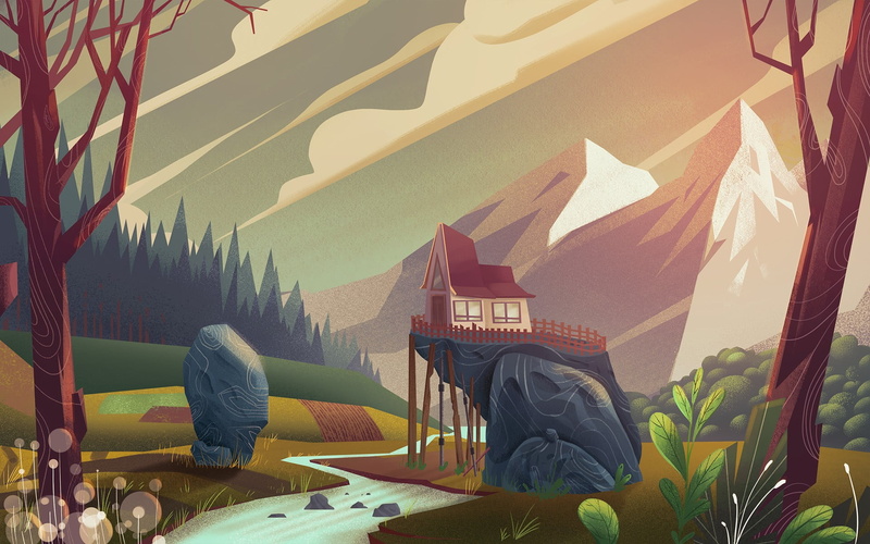 real people, house, mountains, brown, shadow, sitting, day, sunlight, top, building exterior, illustration, built structure, white, cliff, one person, tree house