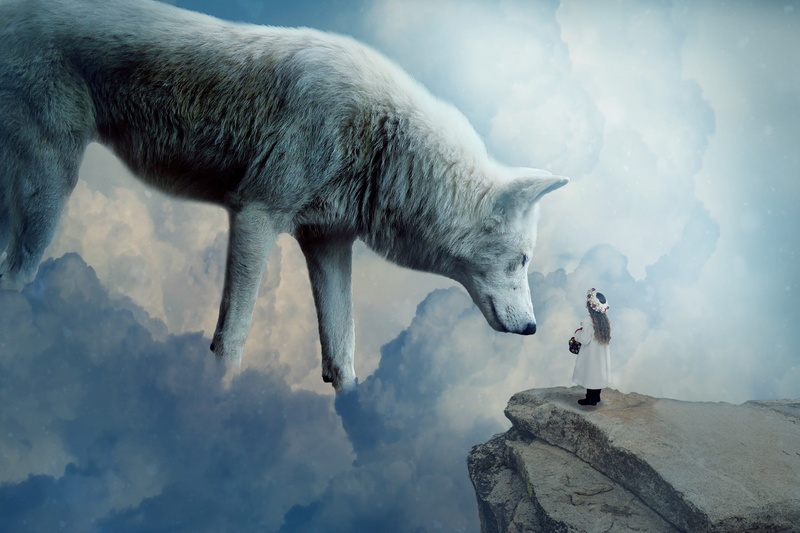 Cliff, Wolf, Cloud, Little Girl, 1080P, Fantasy, Artistic, White Wolf