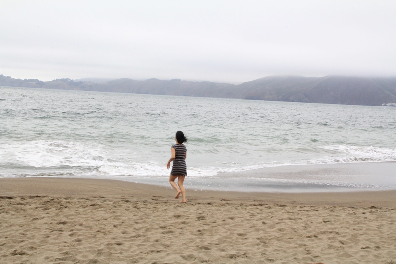 nature, sea, water, day, standing, golden gate, stinson beach, waves, girl running, running, leisure activity, beauty in nature, beach, san francisco, shorts