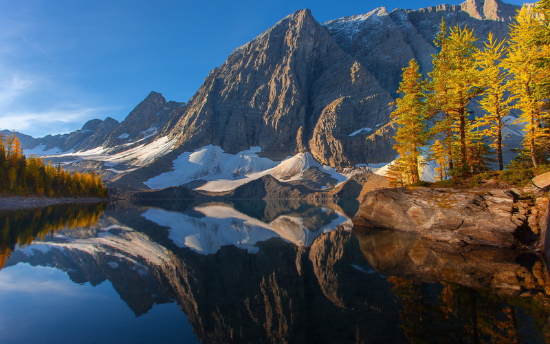 Trees, Mountains, Sky, Kootenay, Canada, Lake, Reflection, 2K, Autumn