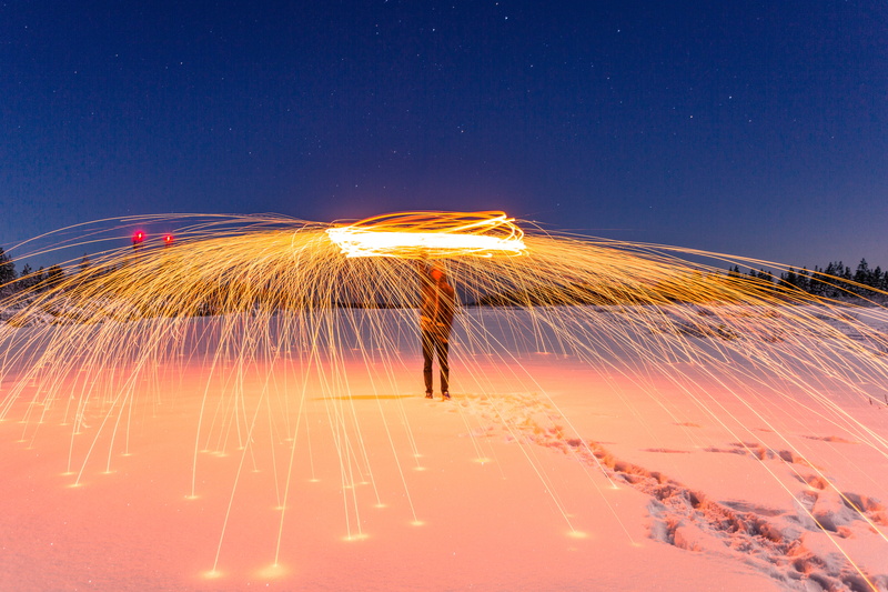 land, night, spark, cold temperature, long exposure, sparks, spinning, 5K, standing, coat, winter, trees, speed, firework display, steel, nighttime, tall