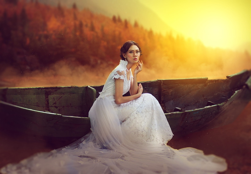 sunrise, wedding, white, waiting, fashion, cute, celebration, face, wedding dress, young adult, beside, hairstyle, newlywed, one person, beauty, blue, landscape