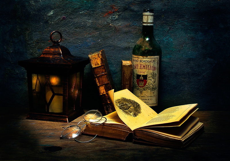 open, page, bottle, publication, paper, container, book, indoors, still life, table, glass - material, books, alcohol, glasses, no people, wood - material