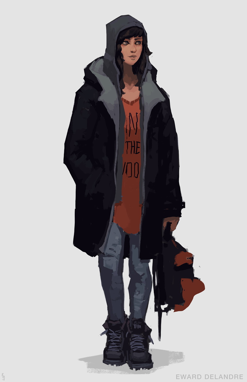 women, backpacks, Edward Delandre, hood, 1080P, drawing