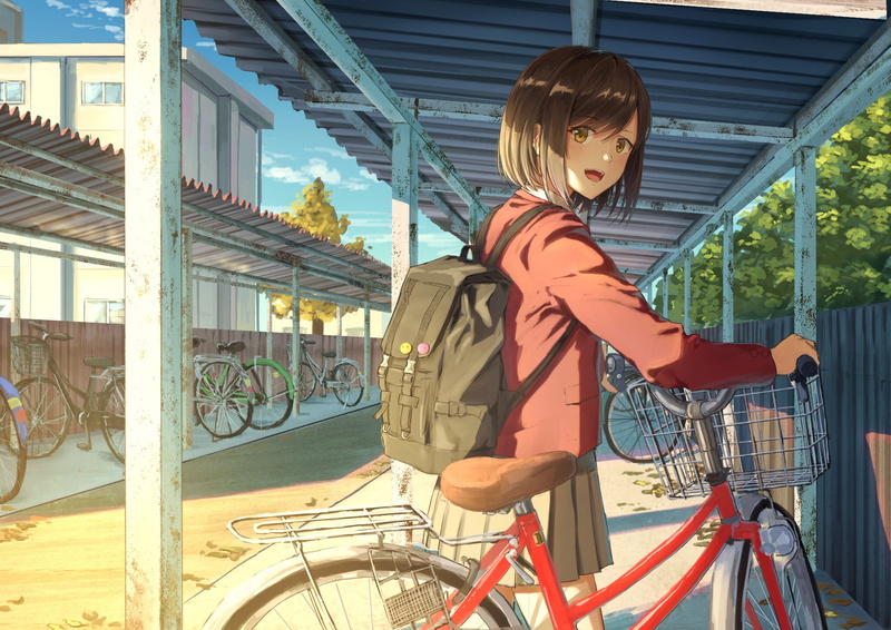 sky, backpacks, short hair, open mouth, 1080P, sunlight, schoolgirl