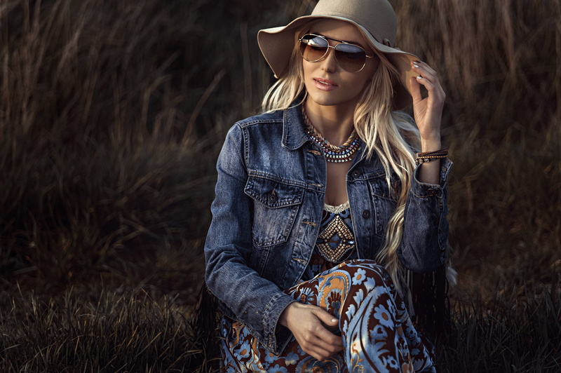 one person, fashion, jacket, blue, hat, young women, hair, dzhinsovka, sunglasses, beauty, women, young adult, land, long hair, glasses, clothing, hairstyle