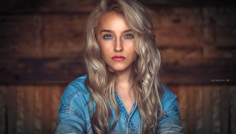portrait, dzhinsovka, 1080P, look, Kelsey, makeup, Dave Henshaw, bokeh, hairstyle, beauty, shirt, blonde, background, model
