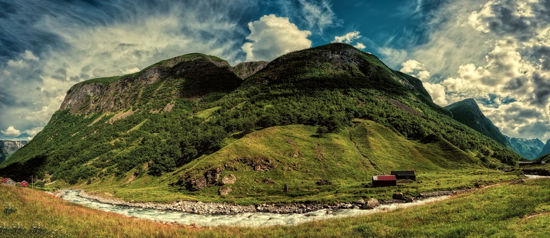 rivers, sky, mountains, norway, 2K, sogn, aurland