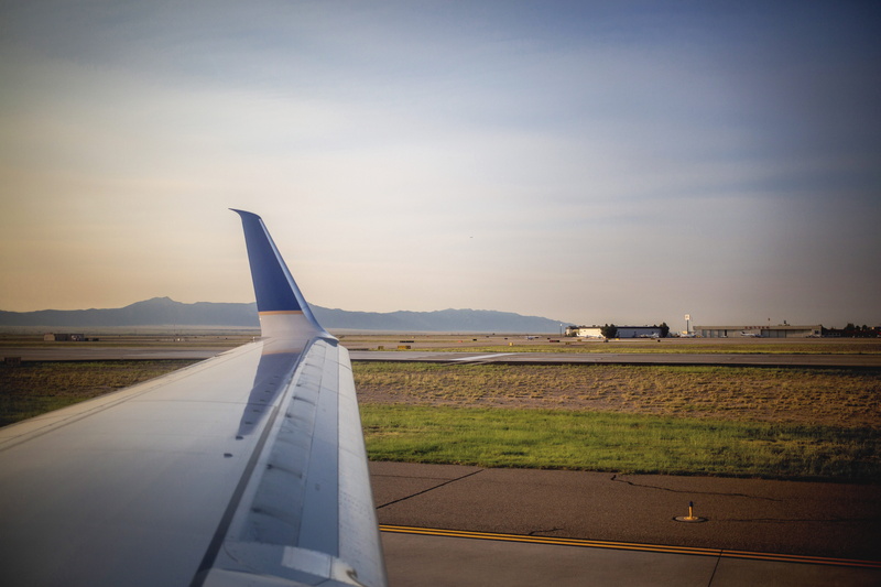 sky, aircraft wing, plane, environment, land, new mexico, runway, airplane, travel, united states, airport, landscape, wing, public transportation, sunrise