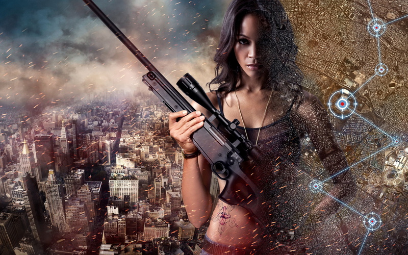 Actress, Route, 2K, Face, Girl, Skyscrapers, The film, Zoe Saldana, Chain, Map, Colombian, Rifle, The city, Colombiana, Tattoo