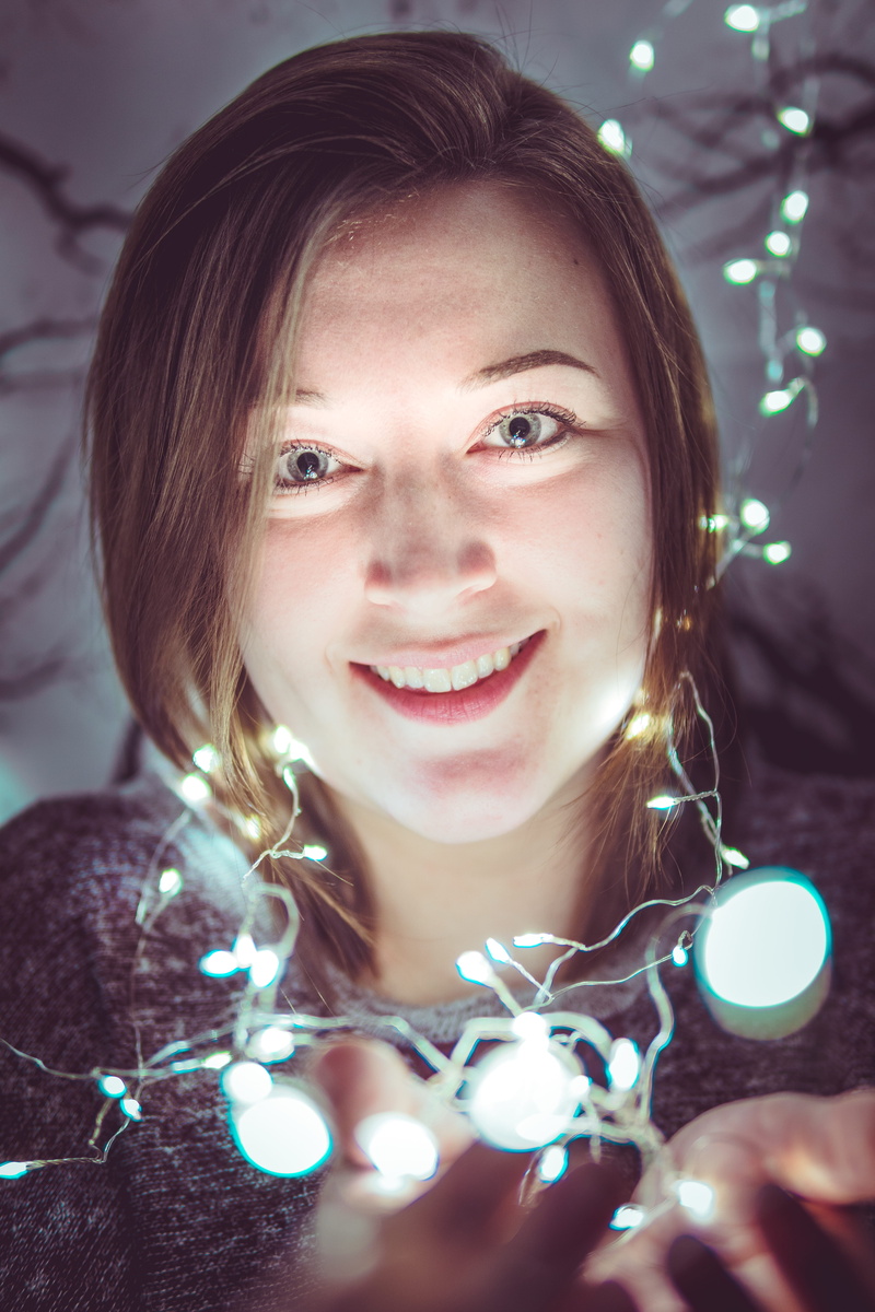 women, smiling, looking at camera, headshot, 5K, united states, girl, glowing, eyes, happiness, emotion, strip light, christmas, portrait, celebration