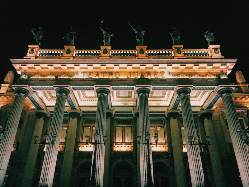 history, window, low angle view, built structure, mexico, night, building, no people, neo-classical, building exterior, guanajuato, architecture, theatre