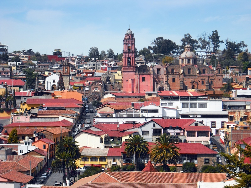roof, daytime, town, village, 1080P, sky, mexico, rural, building exterior, red, building, architecture, roof tile, place of worship, tlalpuhahua, tree