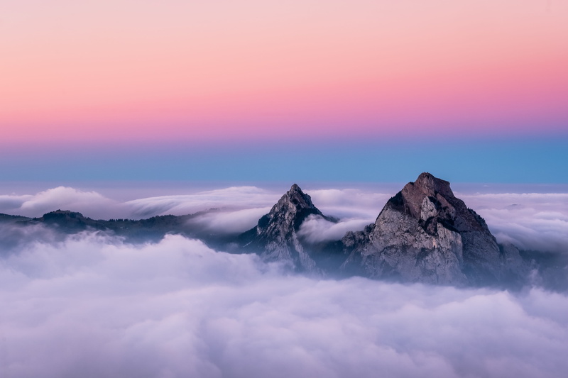 landscape, sunrise, rock - object, scenics - nature, dramatic sky, nature, sunset, pink, cloudscape, tranquility, summit, fog, fogwave, sky, cloud, beauty in nature