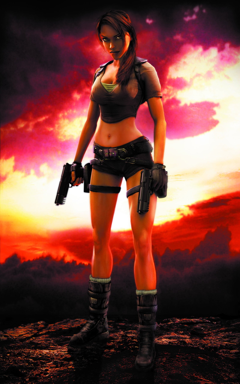 one person, beauty, beautiful people, women, video games, young women, illuminated, gun, portrait display, looking at camera, standing, clothing, Tomb Raider
