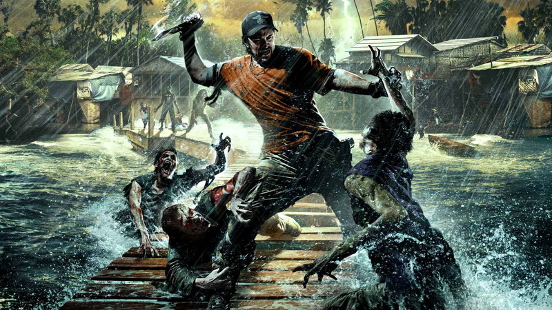 Weapons, Trees, Palm trees, Zombies, Techland, 1080P, Bridges, Water, Survivors, Deep Silver, Knife, Dead Island Riptide, Hut, The situation, John, Lightning