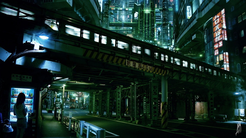 connection, illuminated, architectural column, mode of transportation, travel, group of people, incidental people, Japan, cyberpunk, rail transportation