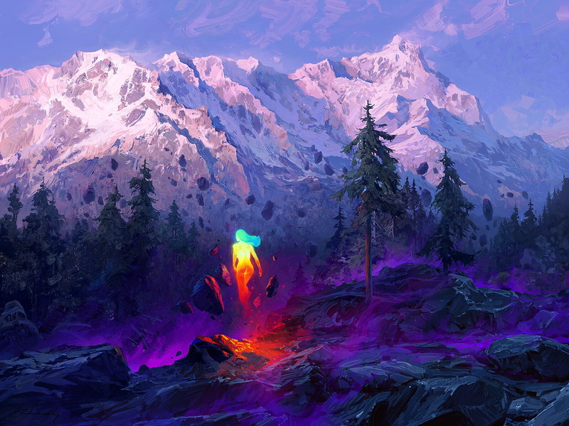 plants, women, winter, colorful, digital art, trees, nature, mountains, Artem Chebokha, 720P, landscape, rocks
