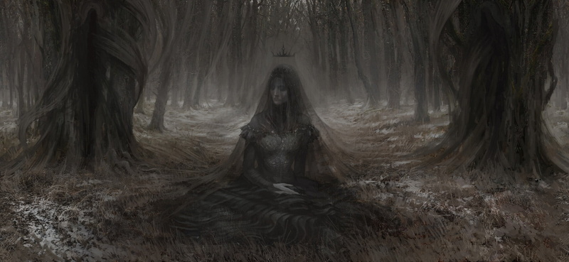 forest, 1080P, veils, dark, fantasy art, Artem Demura, digital art, snow, black dress, crown