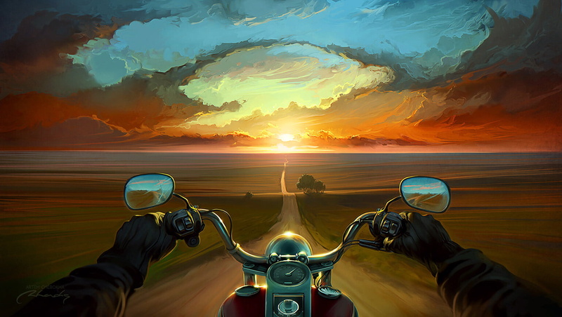 orange and teal, sunset, 720P, motorcycle, Artem Chebokha, road