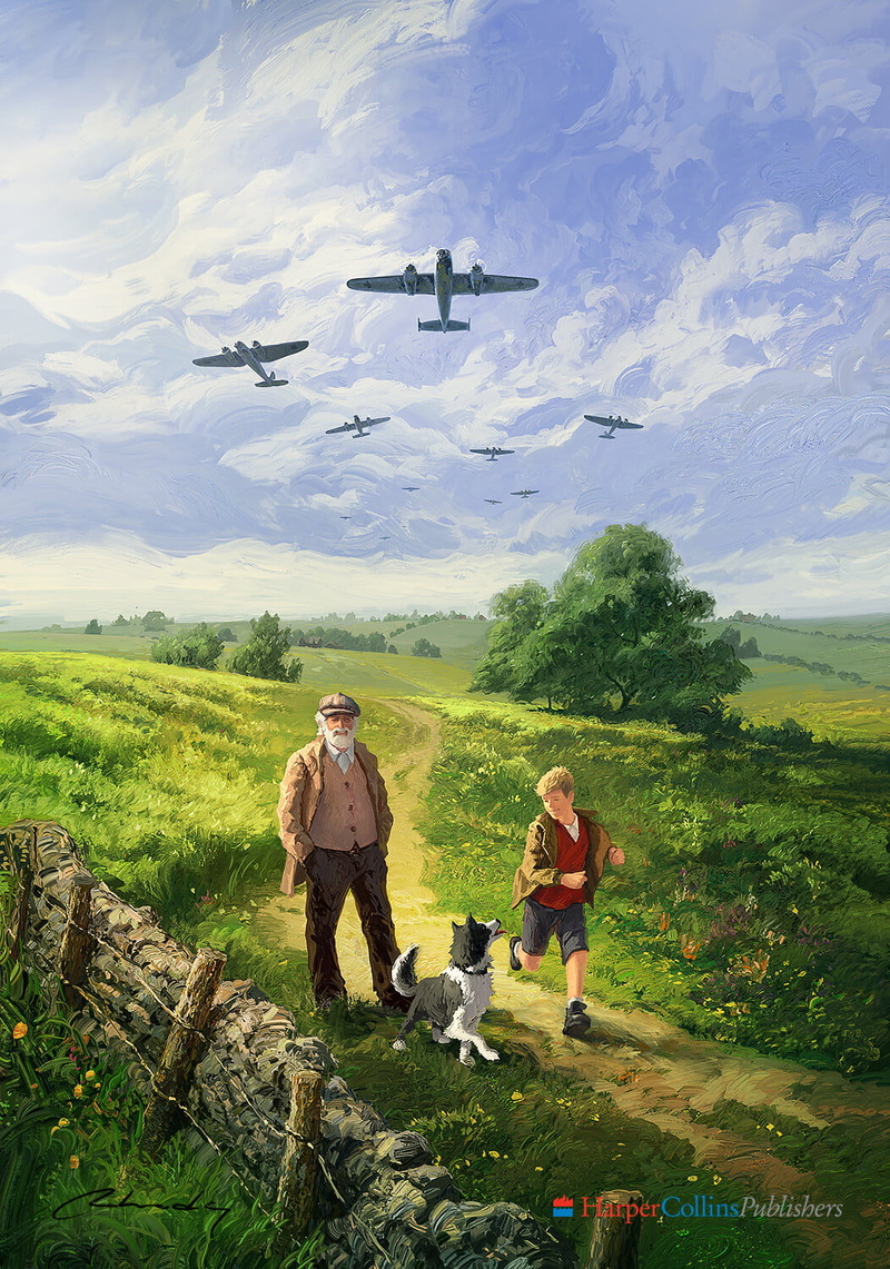 dog, Artem Chebokha, fence, landscape, trees, digital art, airplane, path, plants, men, summer, 720P, nature