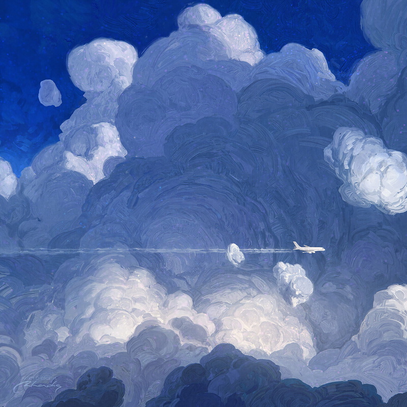 digital art, planes, sky, Artem Chebokha, clouds, contrail, 720P