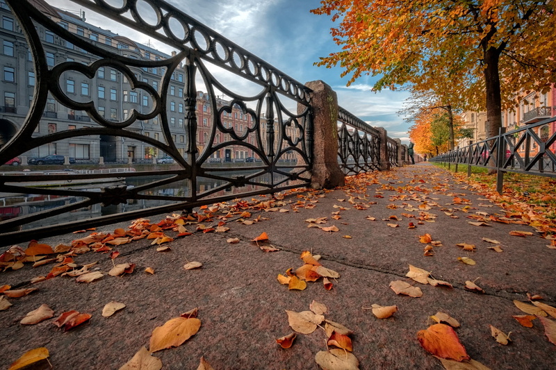 the sidewalk, 1080P, autumn, leaves, street, Andrei, Peter, Sink, Saint Petersburg, home, river, the city