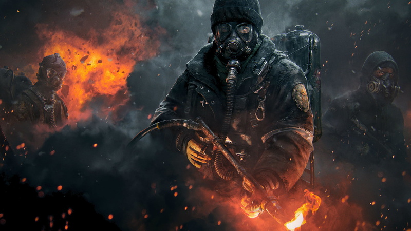 Video Game Art, gas masks, 1080P, Tom Clancys The Division, futuristic, apocalyptic, Flamethrower, video games