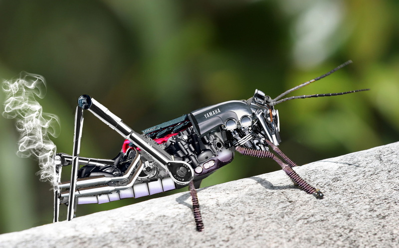 technics, funny, creative, yamaha, steampunk, 1080P, engine, humor, insects, sci fi, smoke, grasshopper