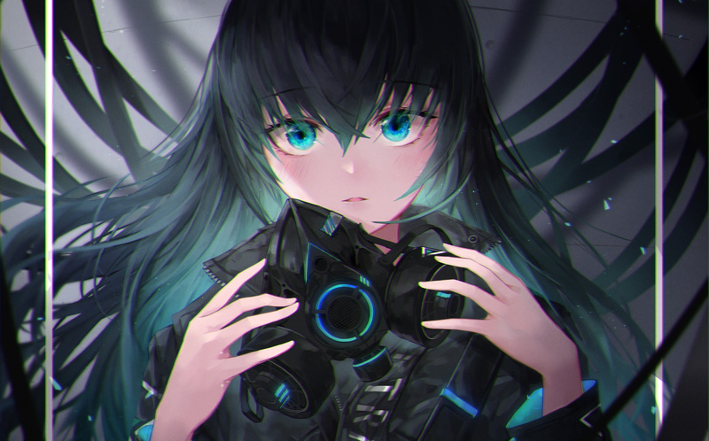 4K, Original, Aqua Hair, Blue Eyes, Anime, Girl, Gas Mask