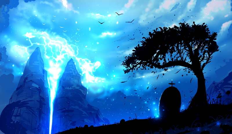 Lightning, Grave, Original, Anime, Tree, 720P, Sky, Cloud, Bird, Blue