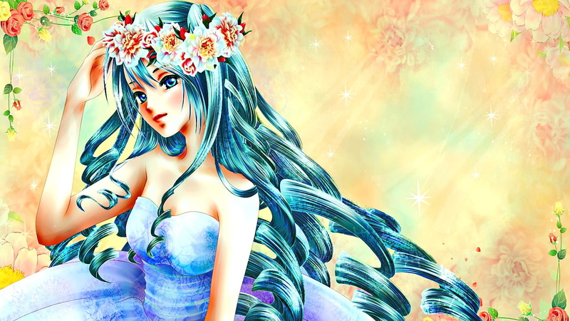 anime girls, females, young women, adult, front view, looking at camera, long hair, clothing, young adult, anime, aqua hair, 1080P, one person, beauty