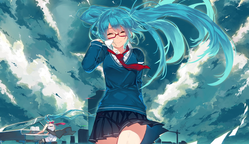 blue hair, long hair, 2K, Vocaloid, skirt, anime girls, twintails, glasses, aqua hair, school uniform, anime, Hatsune Miku, clouds, smiling, sky