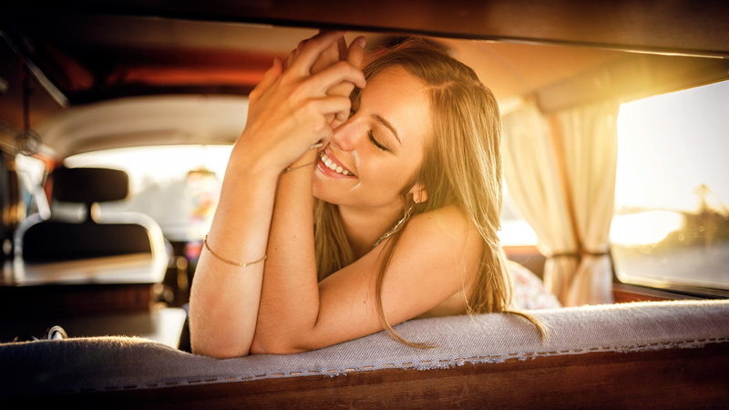 model, brunette, inside a car, smiling, 1080P, car interior, interior, inside, car, women
