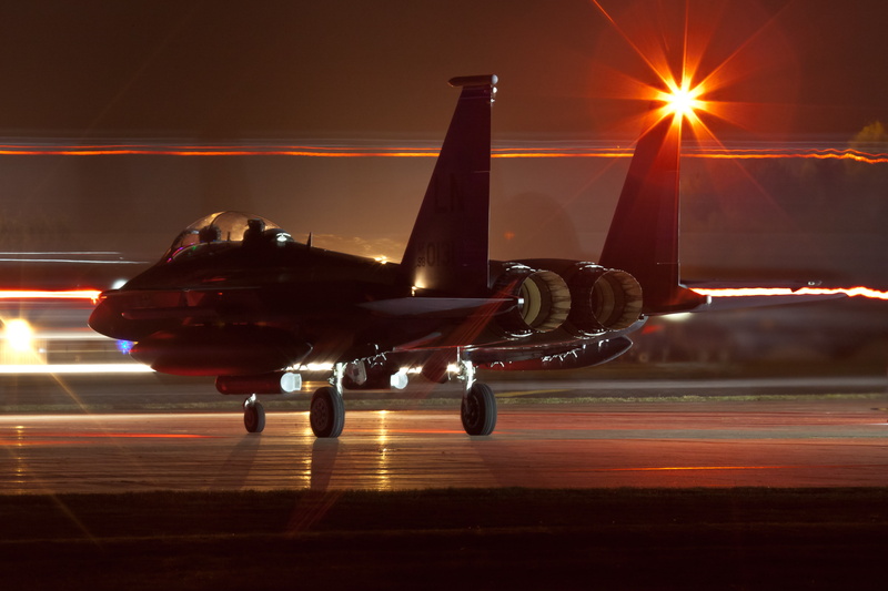 4K, F-15 Eagle, the rise, the plane, lights, andquot;night Stalkerandquot;, F-15 " Eagle", night, the airfield