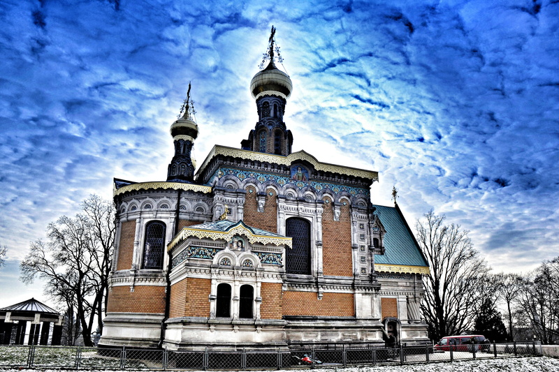 famous Place, snow, no people, Darmstadt, spirituality, spire, building Exterior, cloud - sky, cultures, cold temperature, russian, orthodox Church, history