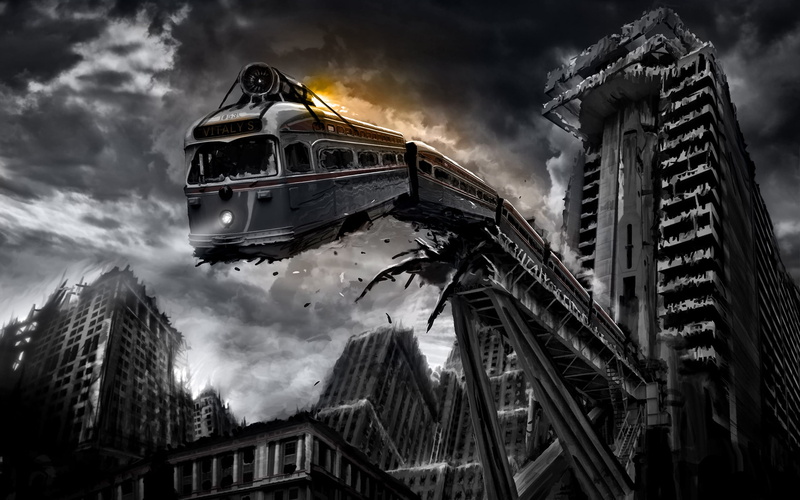 bridge, city, digital art, broken glass, monochrome, 2K, tram, artwork, wreck, train, falling, vehicle, low-angle, building, ruins, horror, apocalyptic