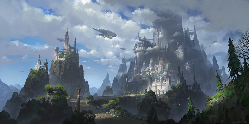 clouds, landscape, digital art, castle, Pengzhen Zhang, fantasy architecture, 720P