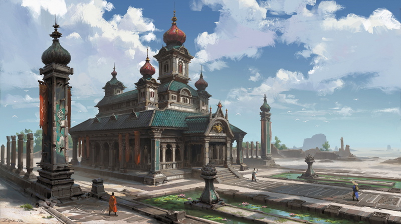 landscape, digital art, Pengzhen Zhang, Asian architecture, 2K